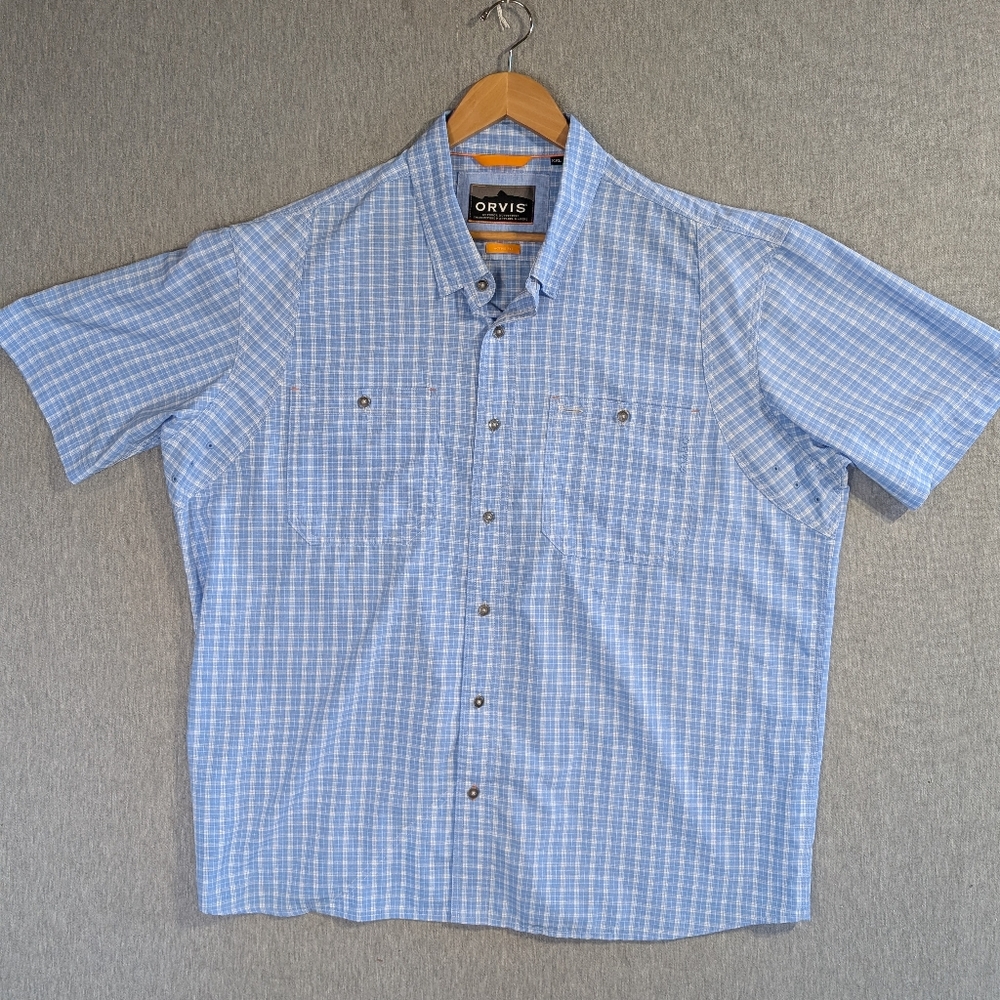 Orvis Active Fit Plaid Shirt Men's XXL Blue White Shirt Sleeve Performance